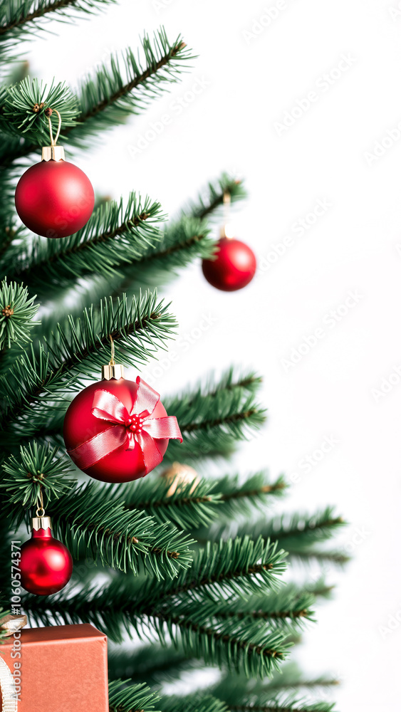 green pine branch decorated with red ornaments green pine branch decorated with red ornaments