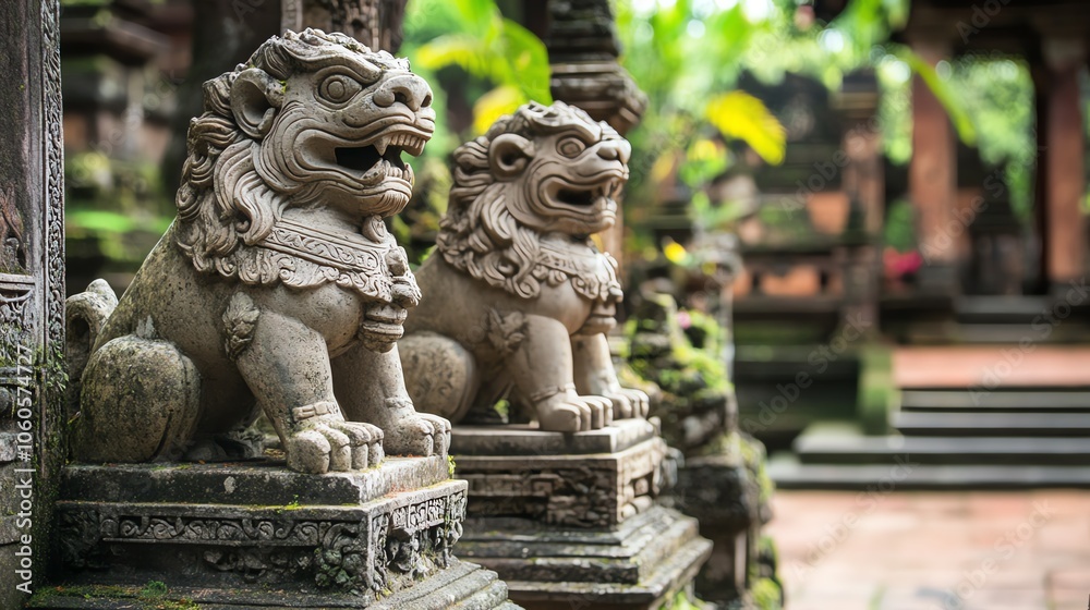 Stone lion statues in a lush green garden, representing Balinese culture and heritage. Stone lion statues in a lush green garden, representing Balinese culture and heritage.