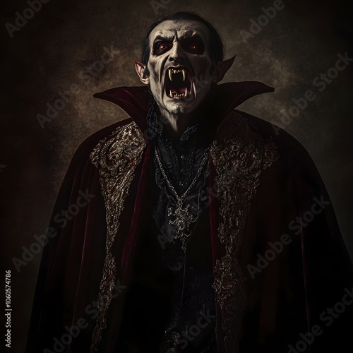Sinister Vampire in Ornate Velvet Cape with Sharp Fangs Haunting and Mysterious Gothic Romantic Portrait