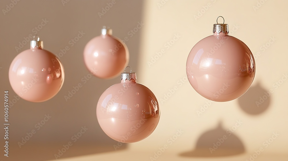 Floating peach-colored Christmas balls on beige backdrop Floating peach-colored Christmas balls on beige backdrop