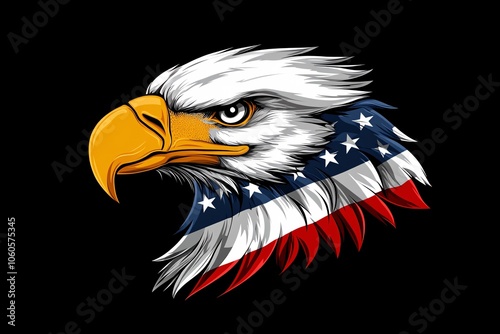 Eagle head design featuring American flag colors and stars on a black background for patriotic themes photo