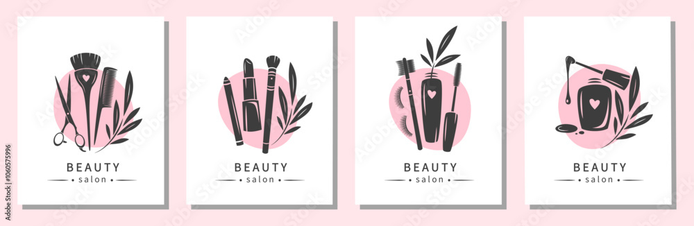 Fototapeta Set of elements and icons for beauty salon. Nail polish, makeup tools, cosmetic brushes, lipstick, eyelash extension, hairdresser tools. Vector illustrations for banner, cover, marketing.