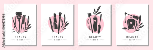Set of elements and icons for beauty salon. Nail polish, makeup tools, cosmetic brushes, lipstick, eyelash extension, hairdresser tools. Vector illustrations for banner, cover, marketing.