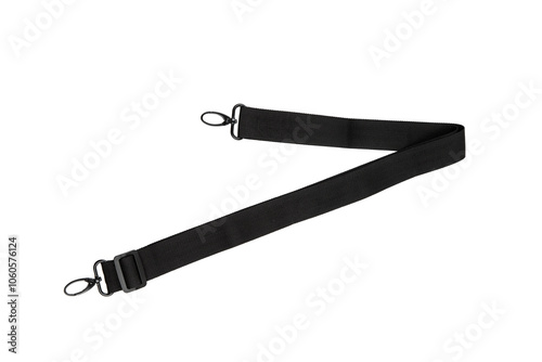 Adjustable black nylon strap with metal swivel hooks on both ends, suitable for bags, cameras, or other items requiring a durable and versatile strap. Isolate on white back photo