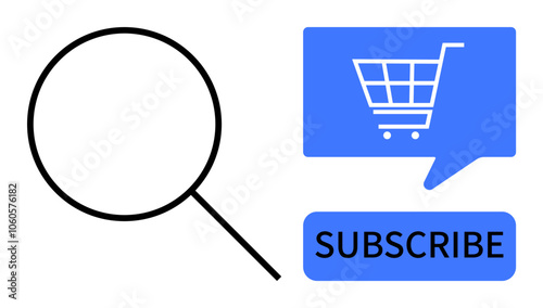 Magnifying glass icon next to speech bubble containing a shopping cart and subscribe button. Ideal for e-commerce, online shopping, subscriptions, marketing, website development, and customer