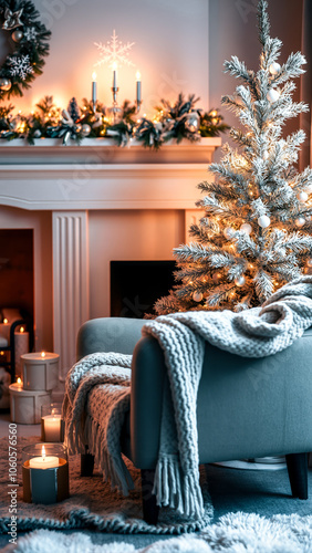 cozy armchair with snowy christmas tree candlelight