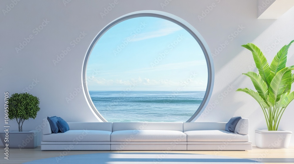Large circular window with ocean view in a stylish living room setting Large circular window with ocean view in a stylish living room setting