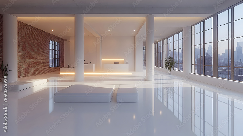 Fototapeta premium Blurry modern office with white decor, open layout, fully furnished with minimalist design, bright and spacious