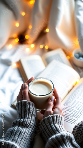 person's hands hold a glass liquid with a book string lights the background