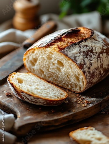 Fresh Artisan Bread Loaf on Wooden Board	