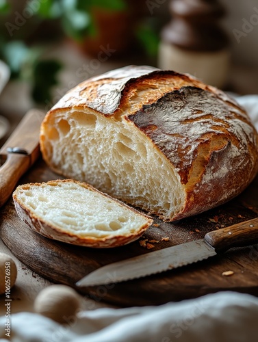 Fresh Artisan Bread Loaf on Wooden Board	