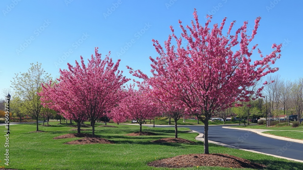 Naklejka premium Lush cherry trees in full bloom, vibrant pink flowers set against a clear blue sky