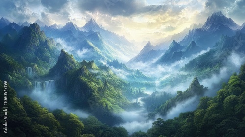 Lush mountains enveloped in fog, creating a captivating and serene scene