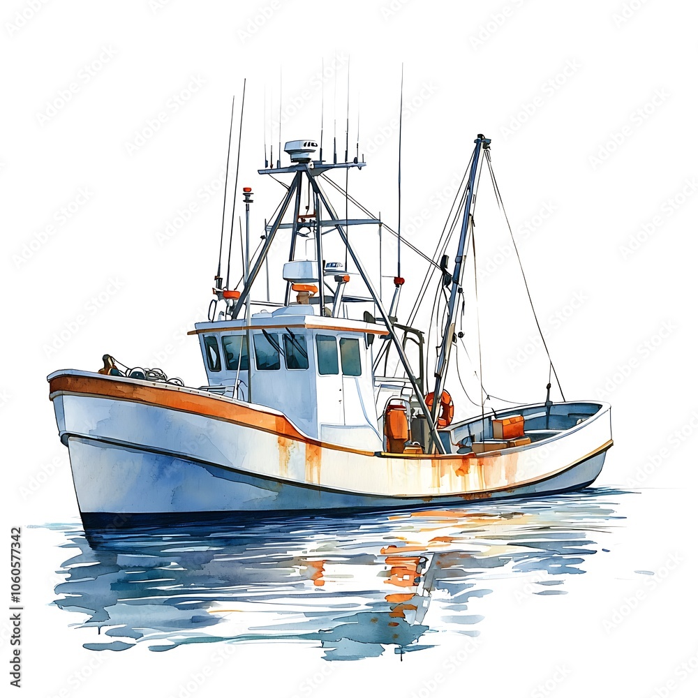 Watercolor Illustration of a Fishing Boat in the Ocean. Watercolor Illustration of a Fishing Boat in the Ocean.