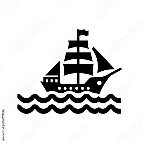 Vintage Sailing Ship Silhouette Vector on Waves - Nautical Icon for Marine and Adventure Themes photo