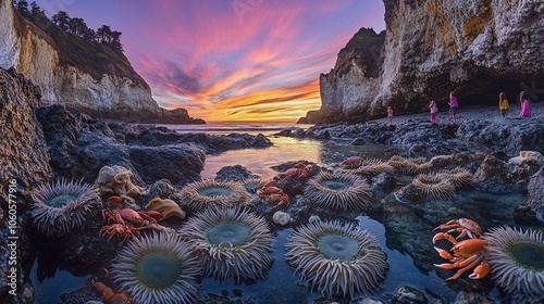 Exploring Tide Pools: Kids Discover Sea Anemones and Hermit Crabs at Sunset photo