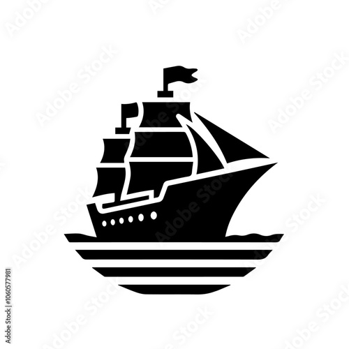 Vintage Sailing Ship Silhouette Vector on Waves - Nautical Icon for Marine and Adventure Themes photo