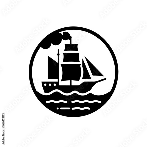 Vintage Sailing Ship Silhouette Vector on Waves - Nautical Icon for Marine and Adventure Themes