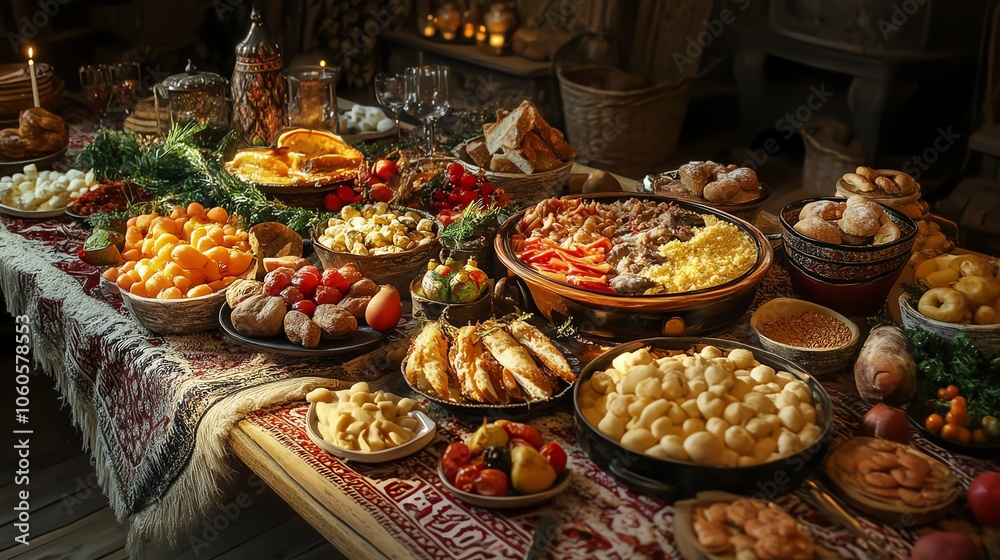 A bountiful spread of delicious dishes and fruits on a rustic table, creating a warm and inviting atmosphere.
