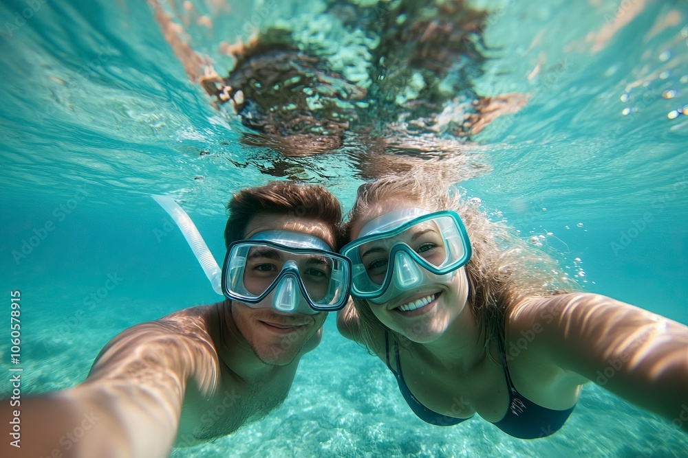 Fototapeta premium Couple Swimming. Underwater selfie with a stick of young excited happy love student couple swimming and enjoying with goggles in the exotic turquoise sea at summer vacation