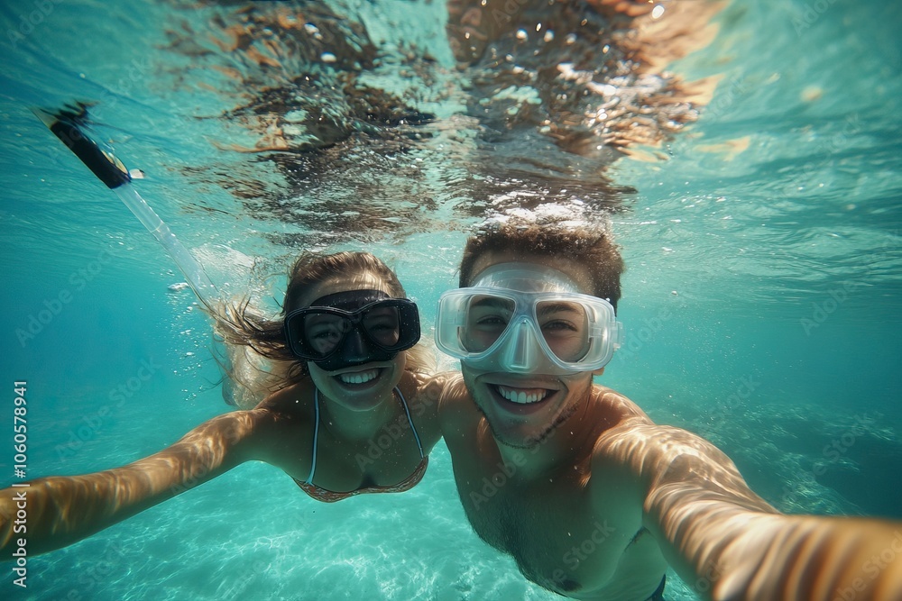 Fototapeta premium Couple Swimming. Underwater selfie with a stick of young excited happy love student coupl
