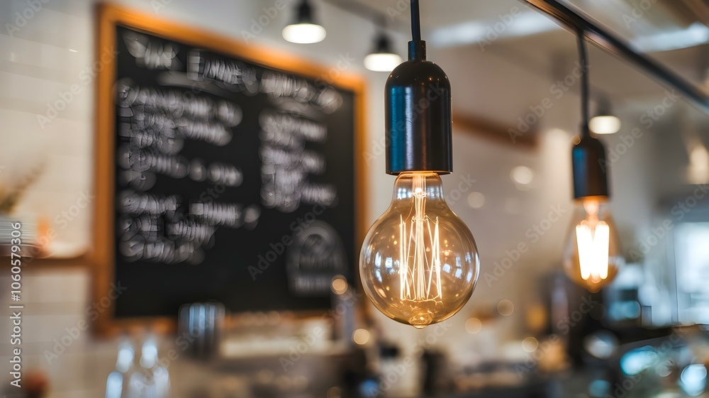 tylish pendant lights illuminate a cozy café interior, creating an inviting atmosphere. The blurred chalkboard menu in the background adds a touch of warmth and character, perfect for showcasing tylish pendant lights illuminate a cozy café interior, creating an inviting atmosphere. The blurred chalkboard menu in the background adds a touch of warmth and character, perfect for showcasing