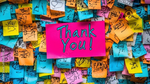 Amid a sea of sticky notes, the bright pink note takes center stage, exclaiming 'Thank You!' as a bold and vibrant expression of gratitude and creativity.