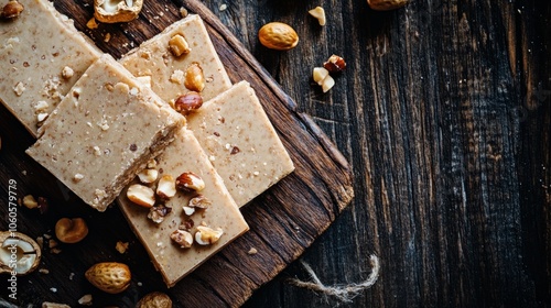 Peanuts with Halva Slices on a wooden surface.
