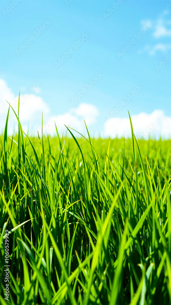 Obraz premium close- green grass blades under a sunny sky