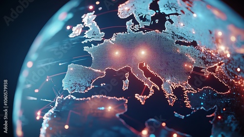  Primer plano de Europa en una representación digital de conexiones, donde las luces y las líneas de datos destacan las principales ciudades y rutas de comunicación. La imagen ilustra el concepto de i