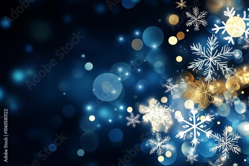  Decoración festiva de copos de nieve sobre fondo azul con destellos de luz, ideal para temas de Navidad y temporada invernal.
