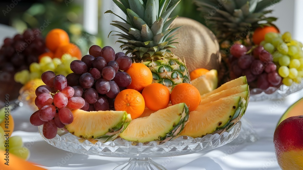 A vibrant display of fresh fruits including pineapples, grapes, and mandarins arranged beautifully in crystal bowls, perfect for a refreshing dessert or healthy snack in any culinary setting