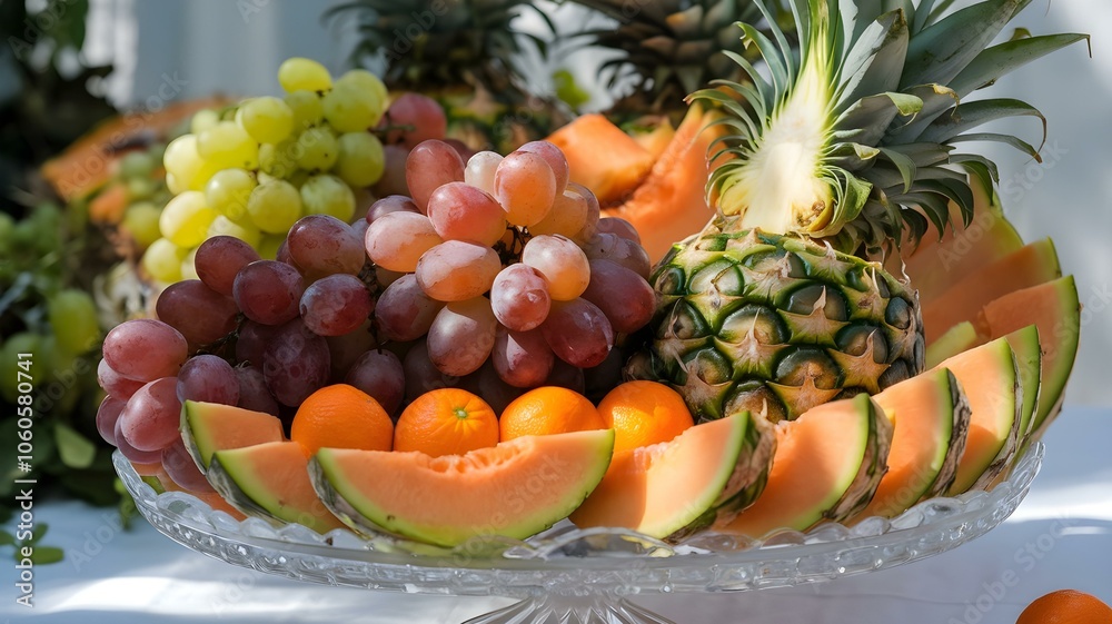 An exquisite display of fresh fruits, including pineapples, grapes, and melons, beautifully arranged in a crystal bowl, showcasing vibrant colors and inviting a healthy lifestyle An exquisite display of fresh fruits, including pineapples, grapes, and melons, beautifully arranged in a crystal bowl, showcasing vibrant colors and inviting a healthy lifestyle