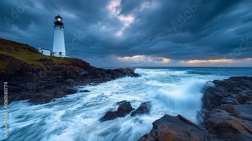 Rocky Coastline with Lighthouse and Storm Clouds Over Waves