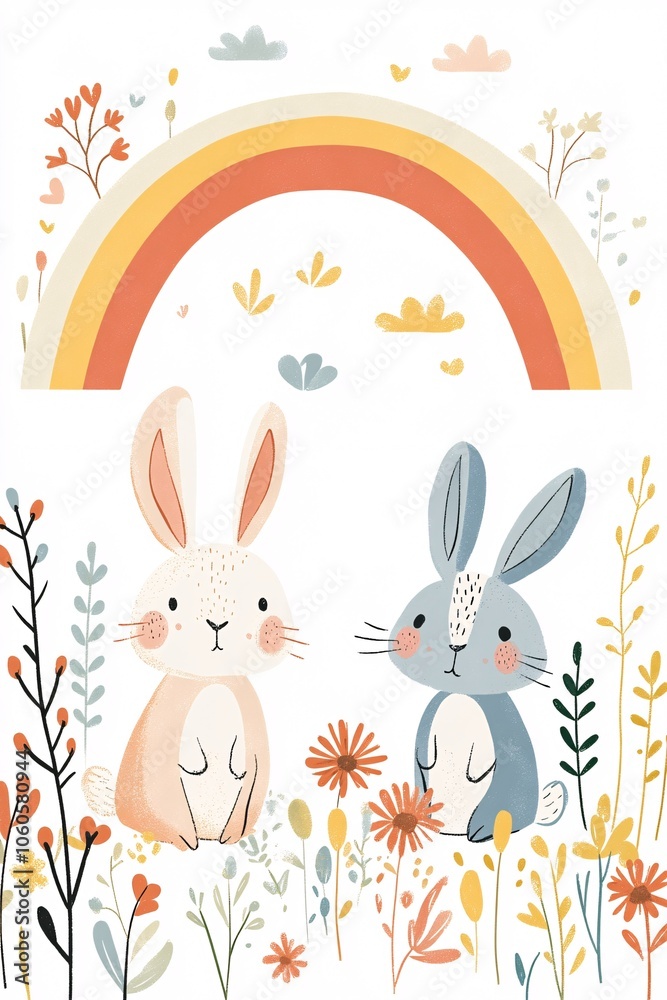 Two playful bunnies sit among colorful flowers beneath a vibrant rainbow creating a whimsical nature scene full of joy and serenity Two playful bunnies sit among colorful flowers beneath a vibrant rainbow creating a whimsical nature scene full of joy and serenity