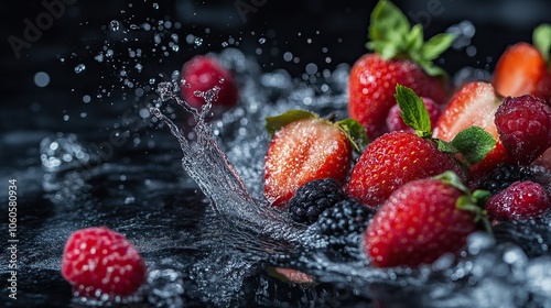 Fresh fruits splashing in water on black background closeup, fresh, fruits, water, splash, black, background, closeup.