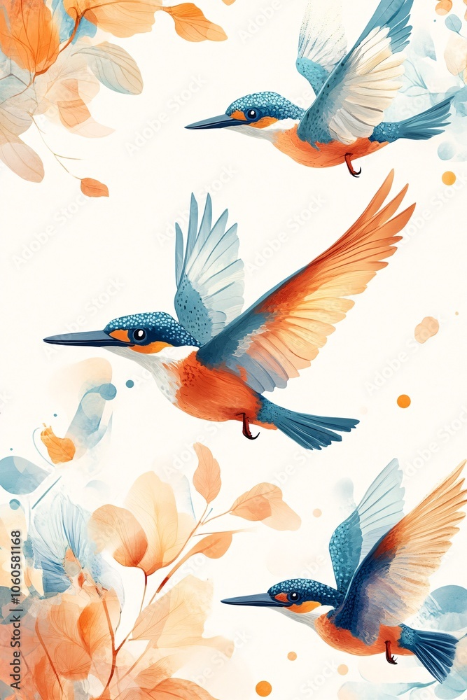 Fototapeta premium Colorful kingfishers gracefully soar through a vibrant floral landscape showcasing nature's beauty and serenity in every flap of their wings