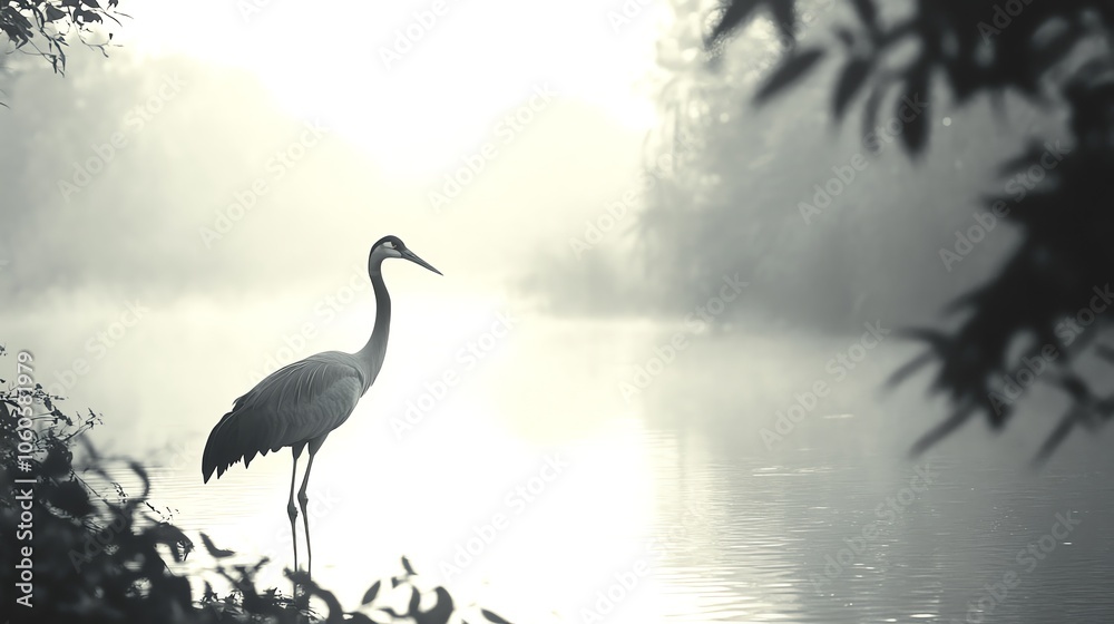Fototapeta premium A solitary heron standing gracefully by a misty riverbank, surrounded by tranquil nature.