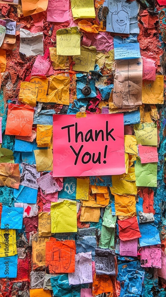 A central 'Thank You' sign is displayed amid an array of colorful, layered sticky notes, highlighting themes of gratitude and creativity in a vibrant style. A central 'Thank You' sign is displayed amid an array of colorful, layered sticky notes, highlighting themes of gratitude and creativity in a vibrant style.