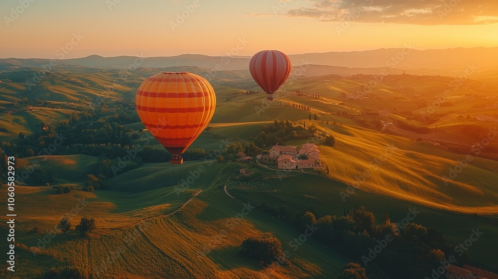 Colorful Hot Air Balloons Over Scenic Green Hills Colorful Hot Air Balloons Over Scenic Green Hills