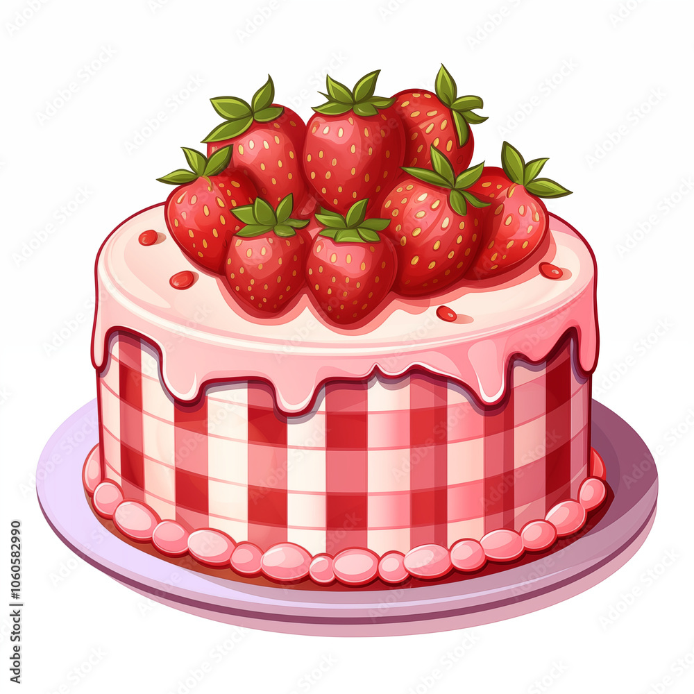 A colorful cartoon cake topped with fresh strawberries and drizzled icing on a round plate A colorful cartoon cake topped with fresh strawberries and drizzled icing on a round plate