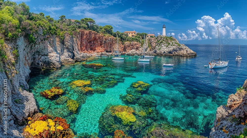 Naklejka premium Beautiful Bay with Clear Water, Coral Reefs, Sailboats, and Lighthouse
