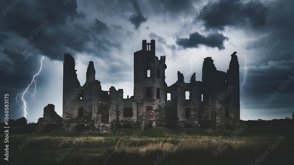 Fototapeta premium Ruined castle with stormy sky and lightning, silhouette, moody and atmospheric