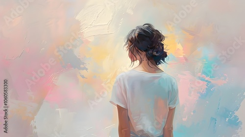 Elegant Female Subject in Dreamy White Tee with Ethereal Pastel Impressions