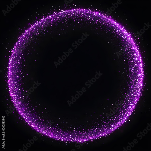 Glittering purple circle frame with sparkles on black background.