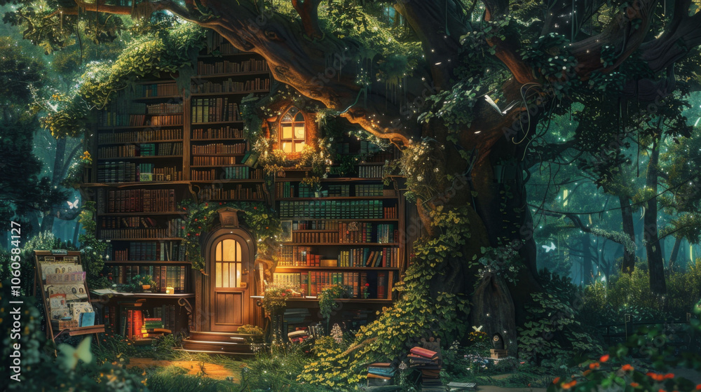 magical treehouse library surrounded by lush greenery, filled with books and illuminated by warm light, creating cozy and enchanting atmosphere magical treehouse library surrounded by lush greenery, filled with books and illuminated by warm light, creating cozy and enchanting atmosphere