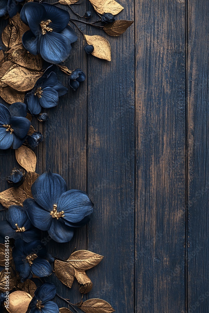 Elegant dark floral arrangement with gold accents on rustic wood background for stylish decor inspiration Elegant dark floral arrangement with gold accents on rustic wood background for stylish decor inspiration