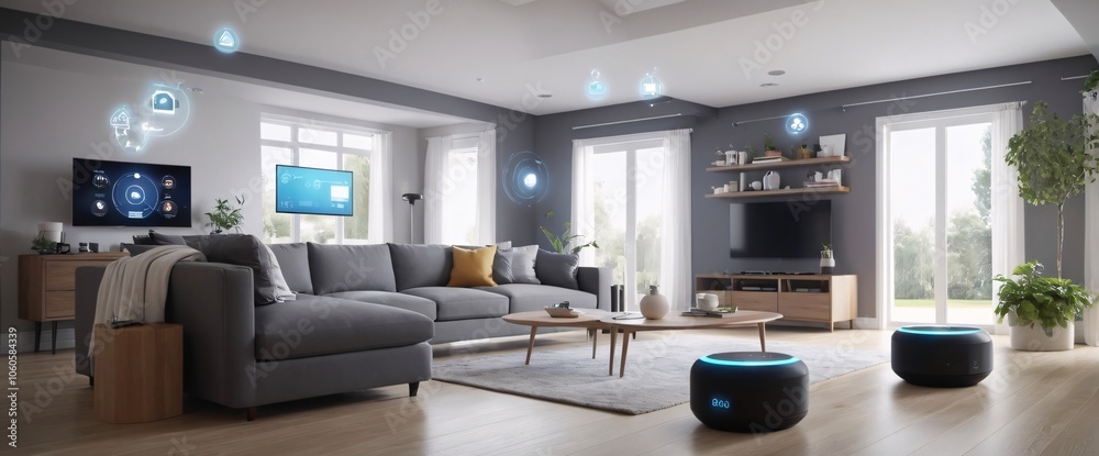 illustrate the concept of the Internet of Things with an image of a smart home, featuring various connected devices and appliances shot from a low angle with a wide-angle lens illustrate the concept of the Internet of Things with an image of a smart home, featuring various connected devices and appliances shot from a low angle with a wide-angle lens