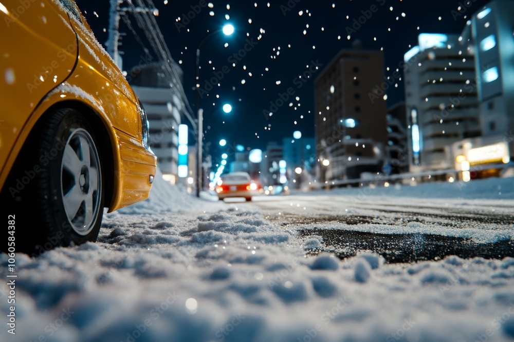 Fototapeta premium Retro-inspired snowy town with snow falling, capturing the timeless charm and calm beauty of winter evenings, symbolizing nostalgia and peace