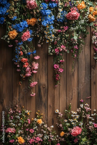 Vibrant floral arrangement on rustic wood background a stunning display of nature's beauty and colorful blooms